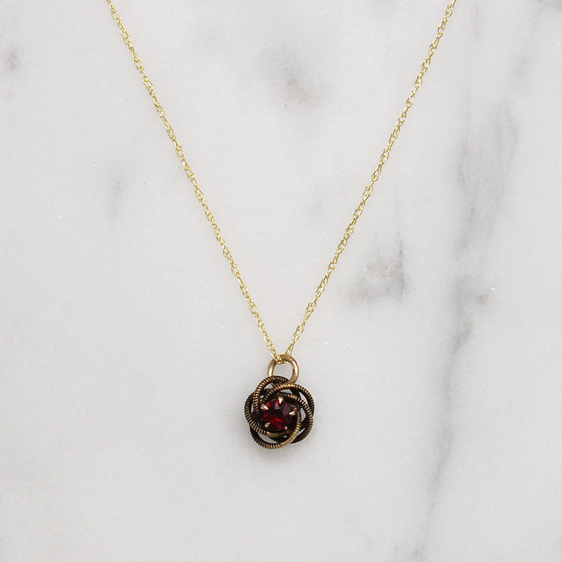 Engraved Gold & Garnet Love Knot Necklace