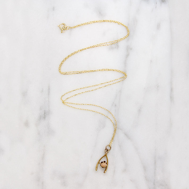 Wee Gold Wishbone Pendant with Tiny Pink Opal