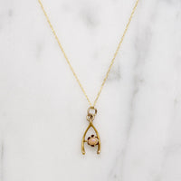 Wee Gold Wishbone Pendant with Tiny Pink Opal