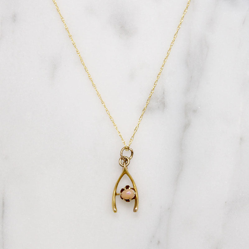 Wee Gold Wishbone Pendant with Tiny Pink Opal