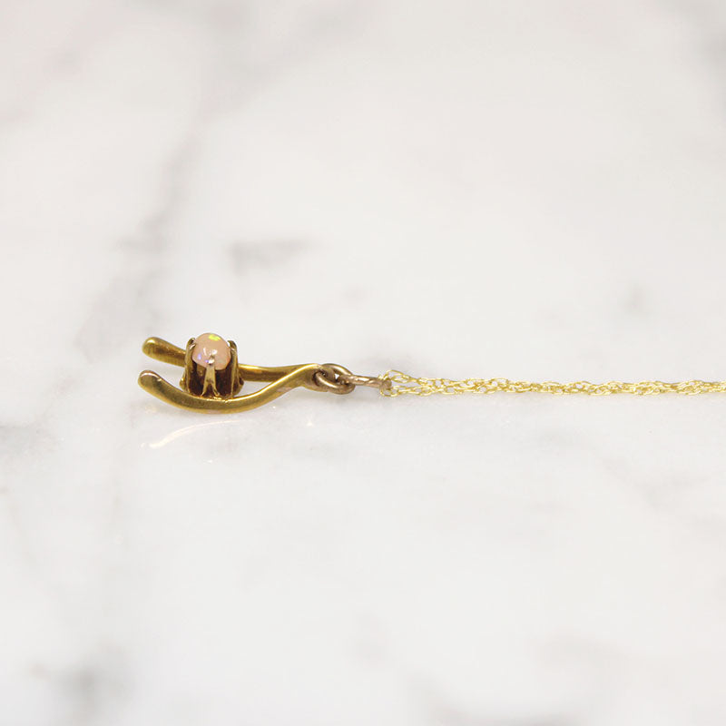 Wee Gold Wishbone Pendant with Tiny Pink Opal