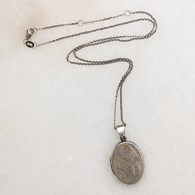 Victorian Revival Foliate Engraved Oval Sterling Silver Locket