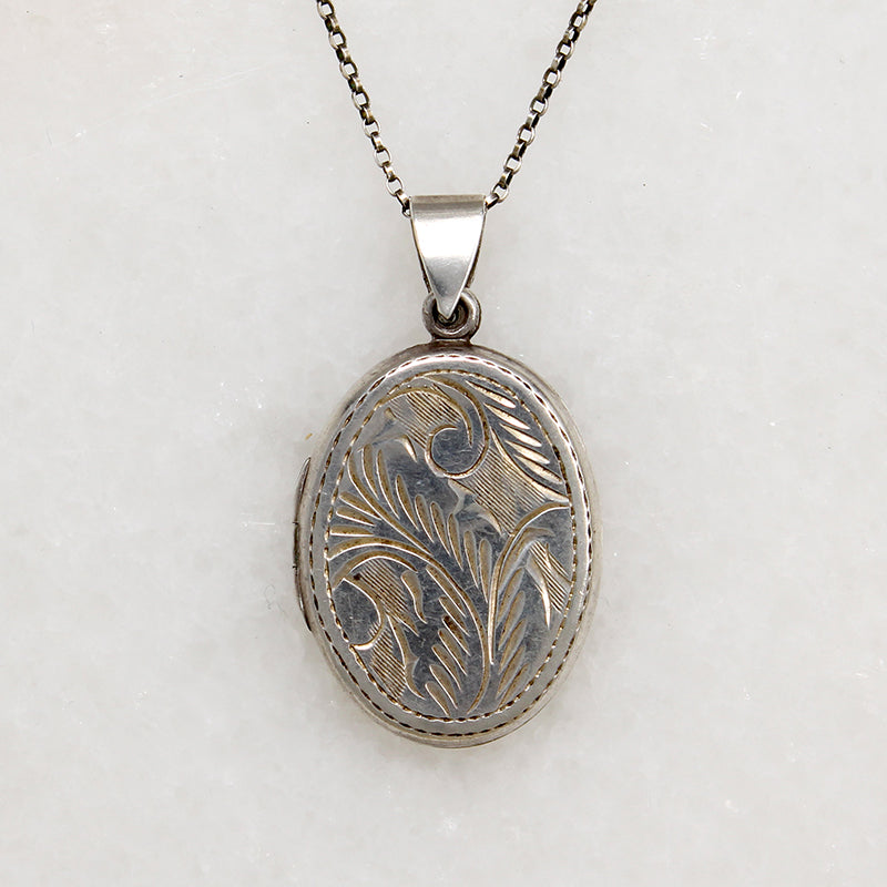 Victorian Revival Foliate Engraved Oval Sterling Silver Locket