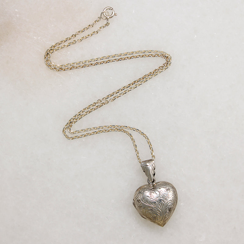 Romantic Foliate Engraved Sterling Silver Heart Locket