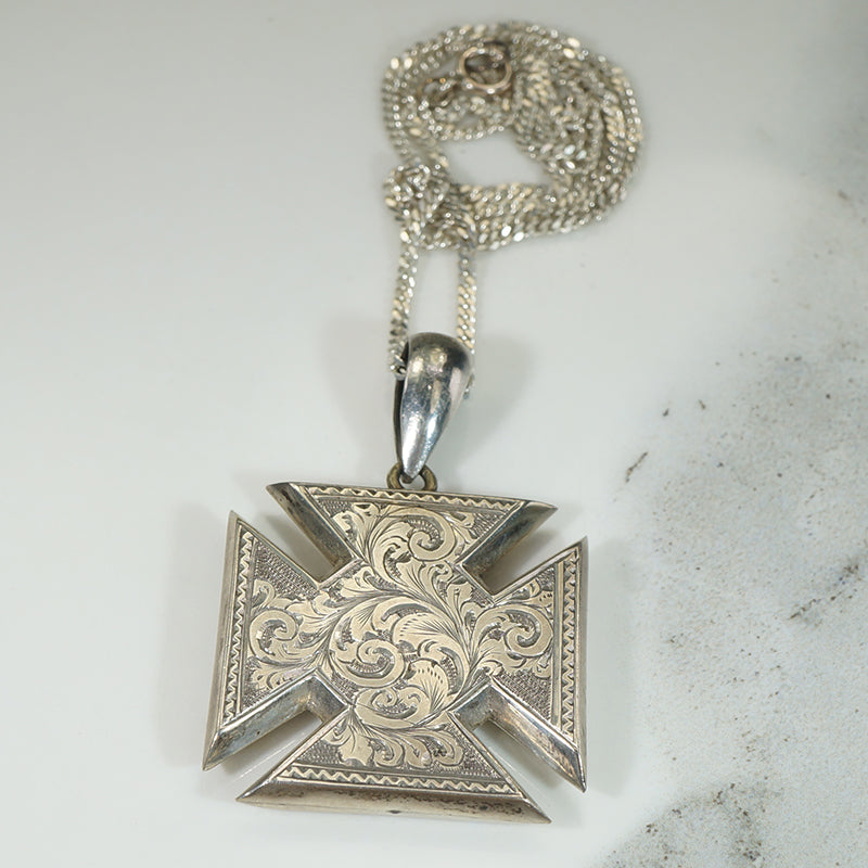 Acanthus Engraved Sterling Iron Cross Necklace