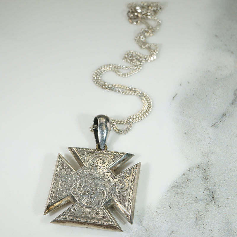 Acanthus Engraved Sterling Iron Cross Necklace