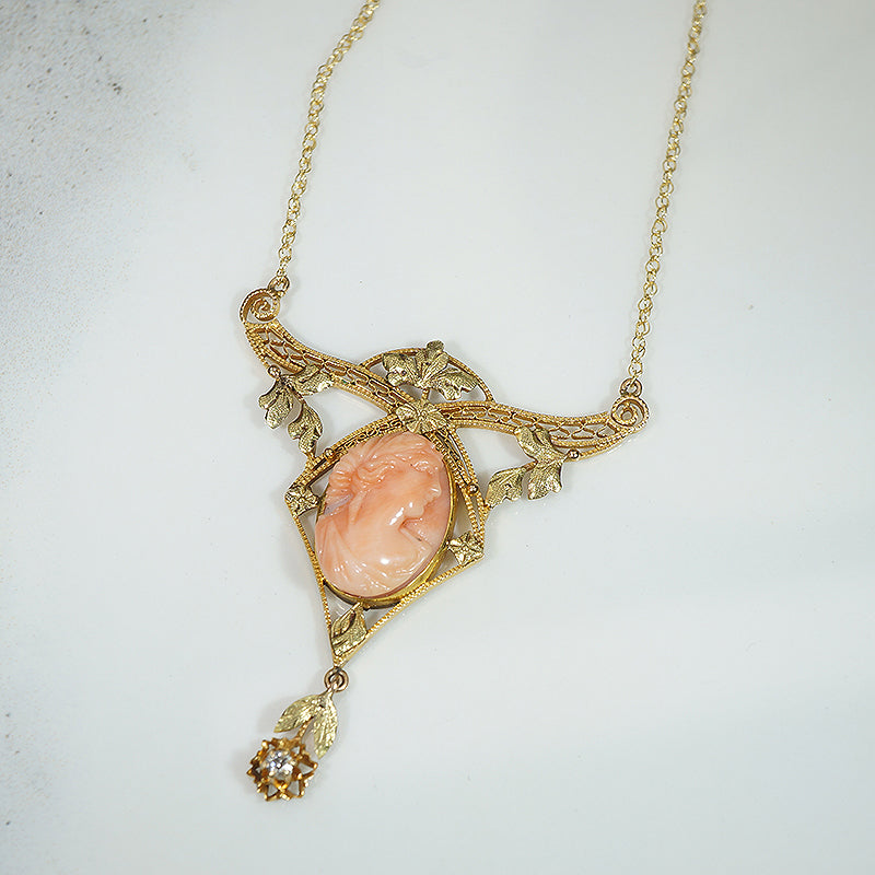Leafy Bower Coral Cameo Necklace