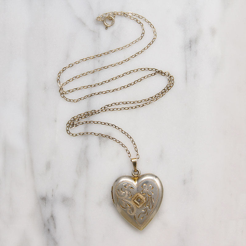Mid Century Engraved Sterling Silver Heart Locket