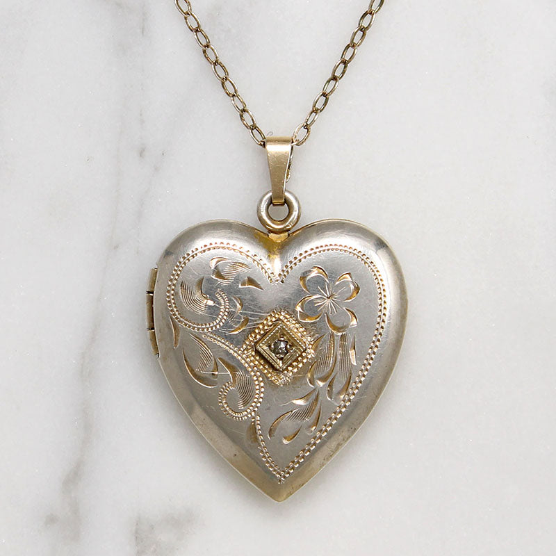 Mid Century Engraved Sterling Silver Heart Locket