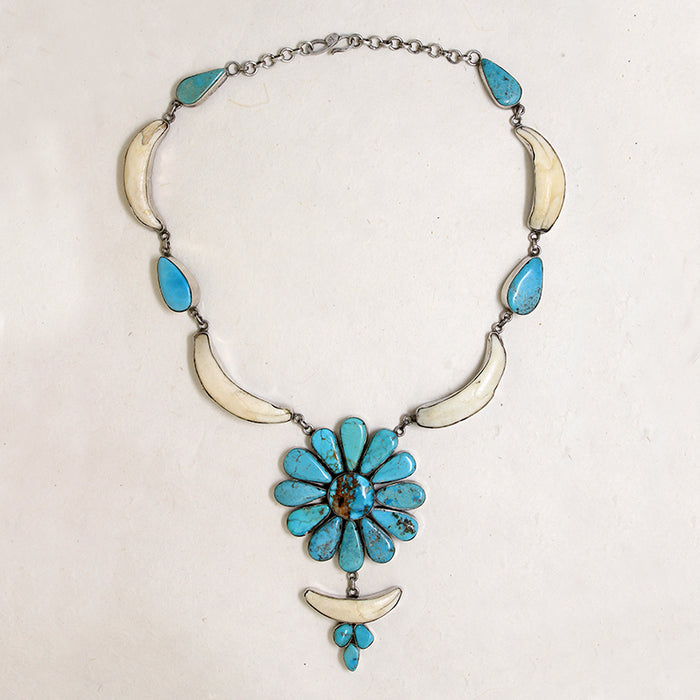 Boar's Tusk & Turquoise Daisy Statement Necklace
