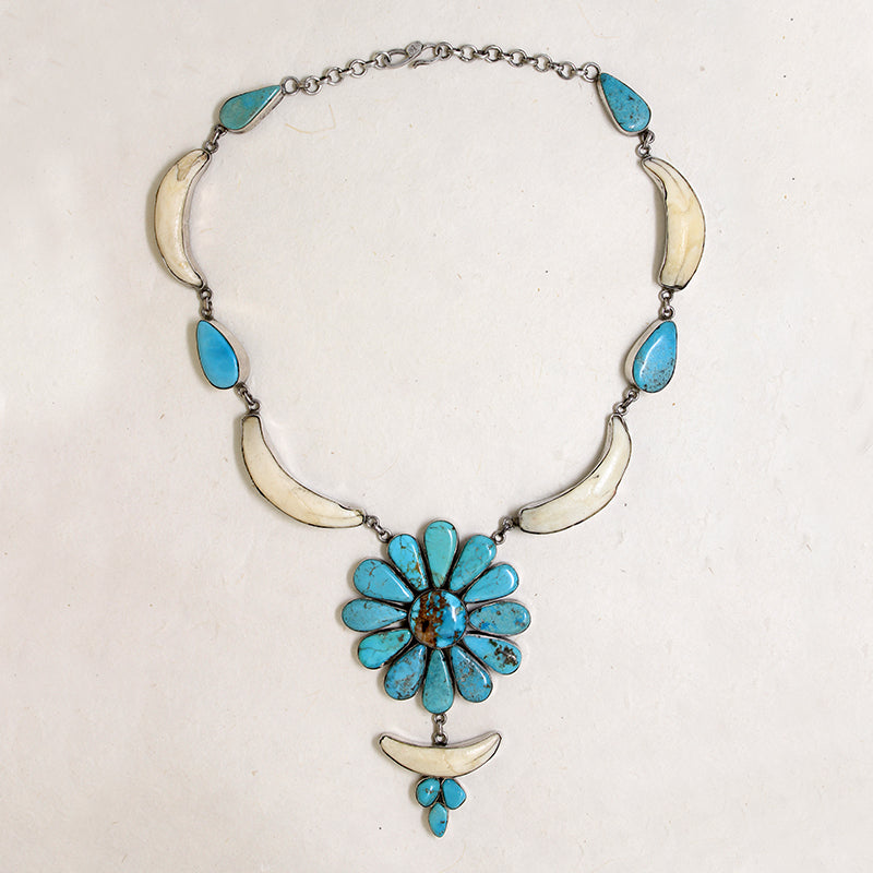 Boar's Tusk & Turquoise Daisy Statement Necklace