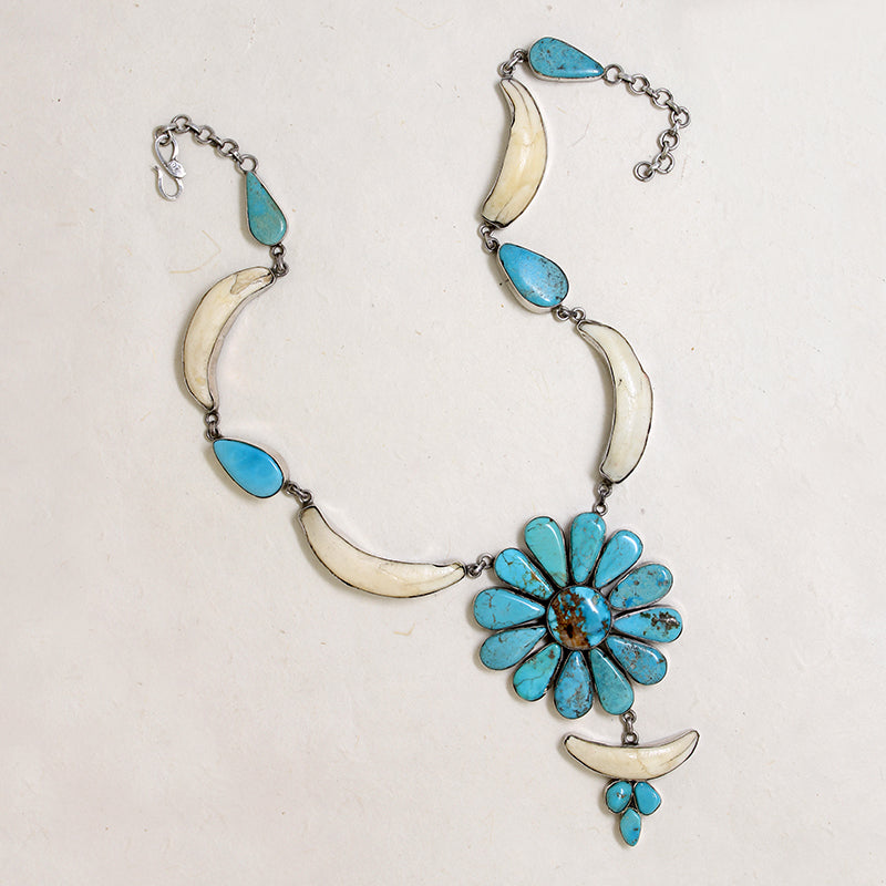 Boar's Tusk & Turquoise Daisy Statement Necklace