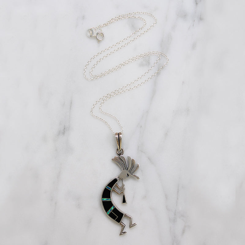 Onyx & Opal Inlaid Sterling Kokopelli Necklace