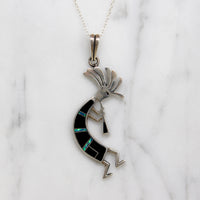 Onyx & Opal Inlaid Sterling Kokopelli Necklace