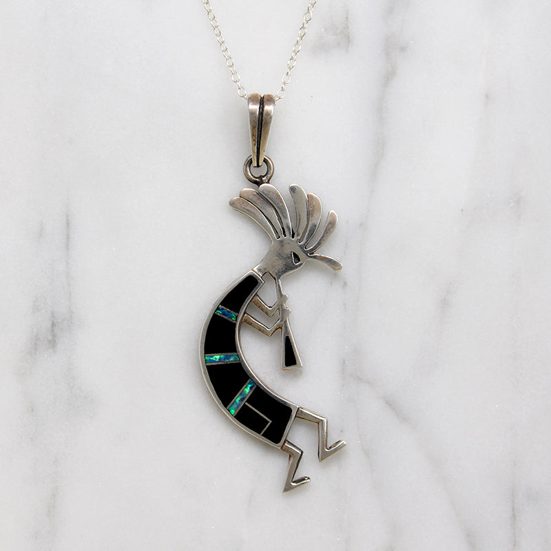Onyx & Opal Inlaid Sterling Kokopelli Necklace