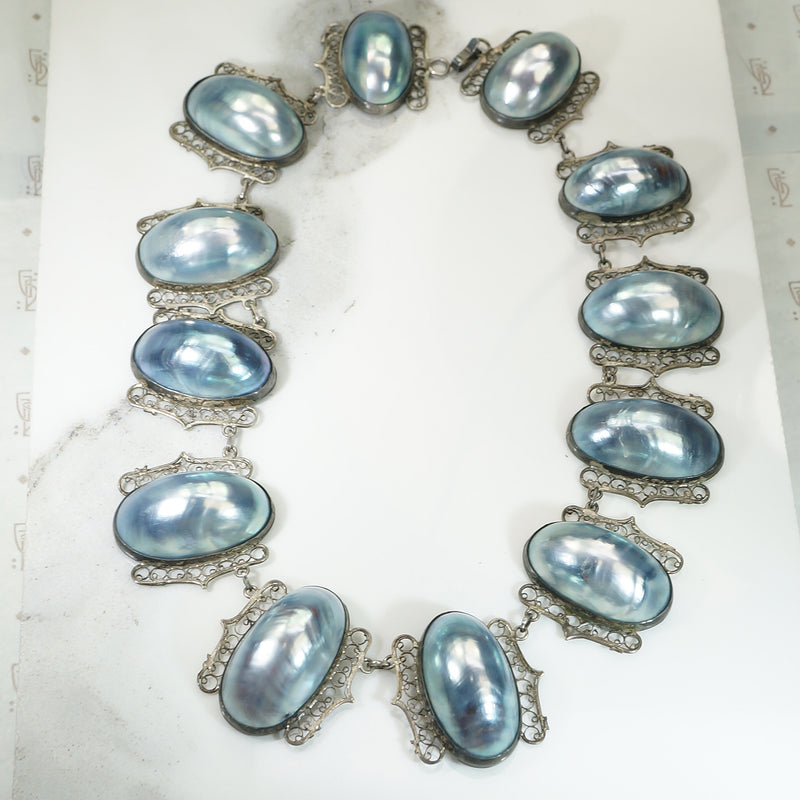 Antique Gray Baroque Pearl and Silver Filigree Choker