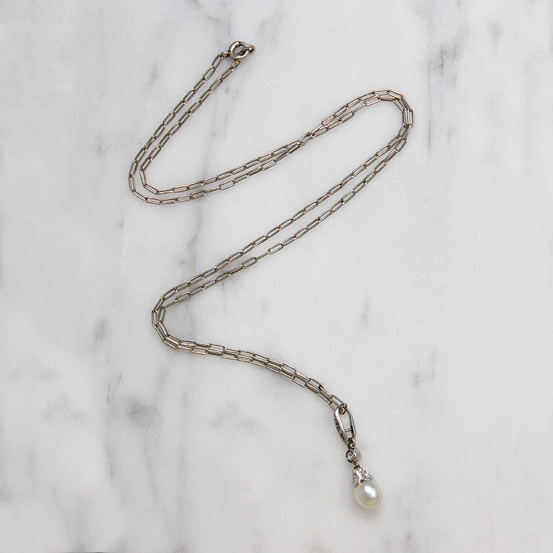 Dainty Platinum Pendant with Diamonds & Pearl