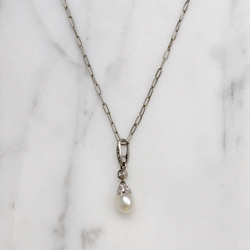 Dainty Platinum Pendant with Diamonds & Pearl