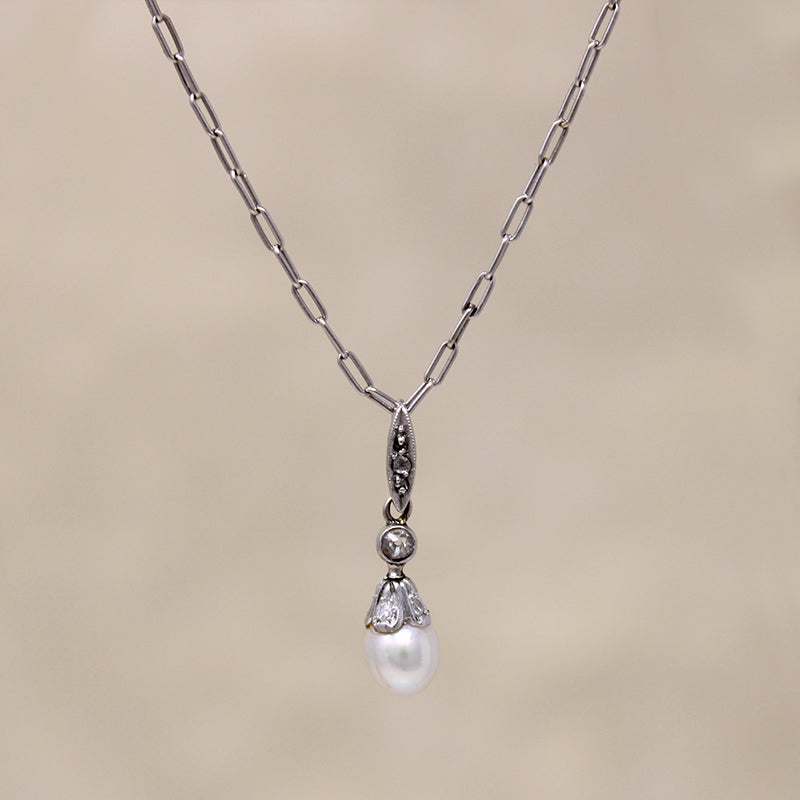 Dainty Platinum Pendant with Diamonds & Pearl