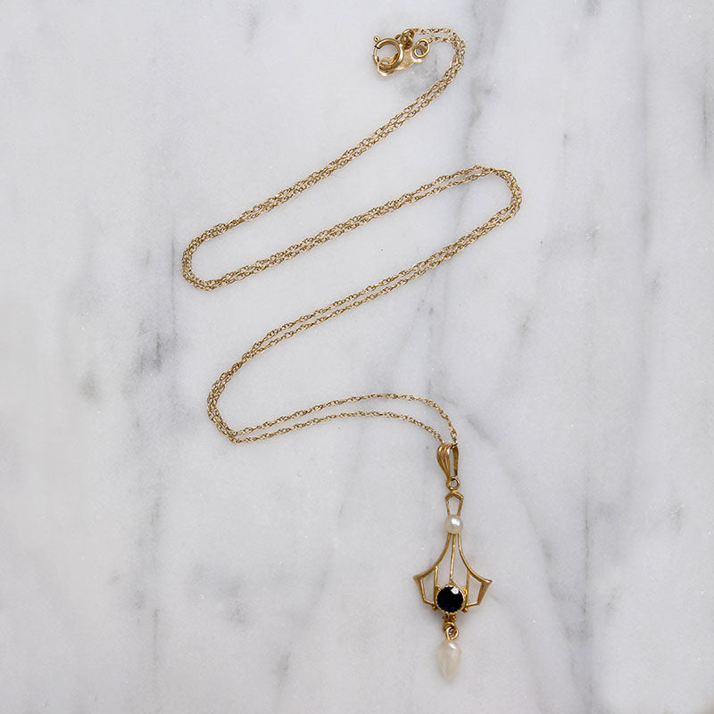 Edwardian Lavalier Necklace with Sapphire & Pearls