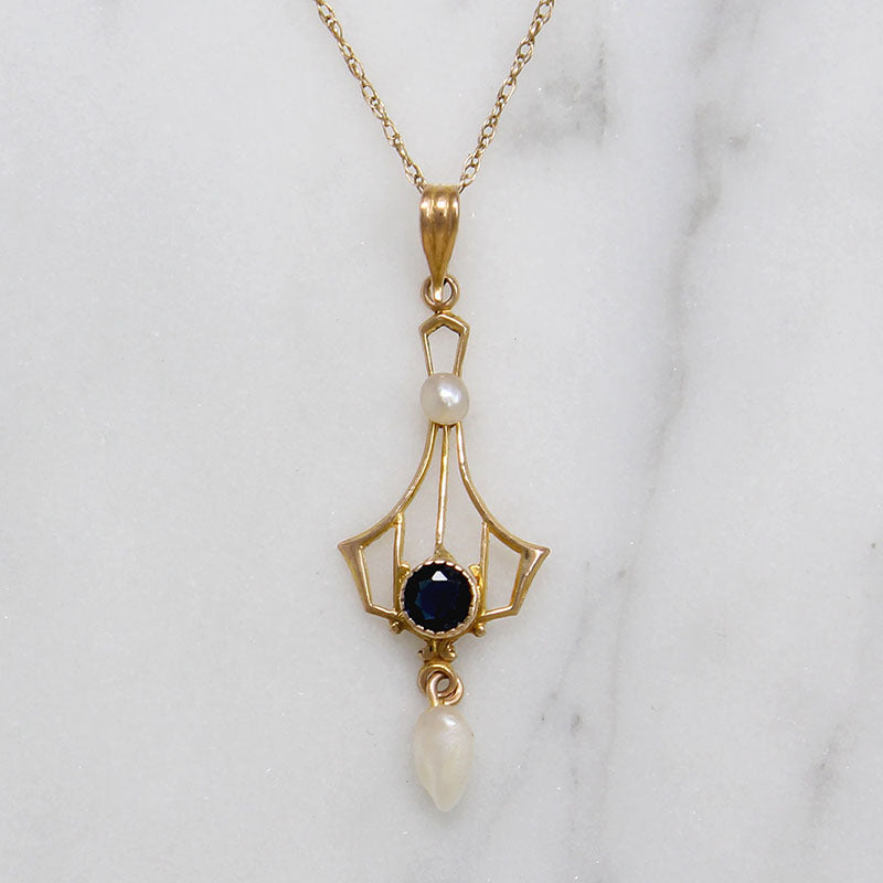Edwardian Lavalier Necklace with Sapphire & Pearls