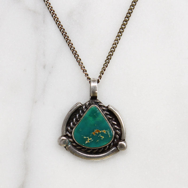 Gorgeous Green Turquoise & Sterling Pendant Signed "Rue"