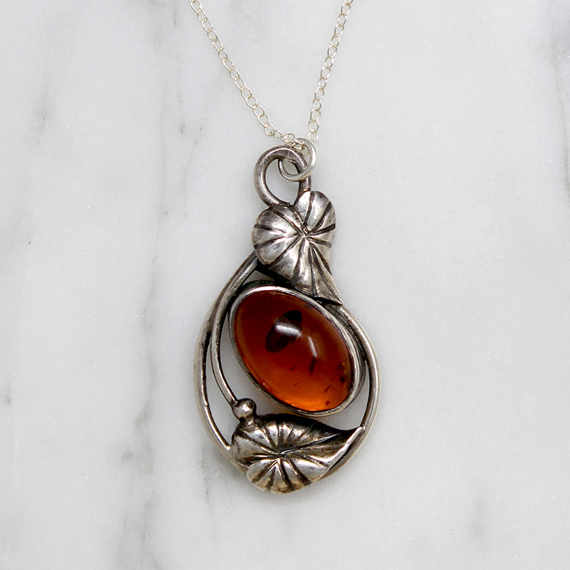 Leafy Amber & Sterling Silver Necklace