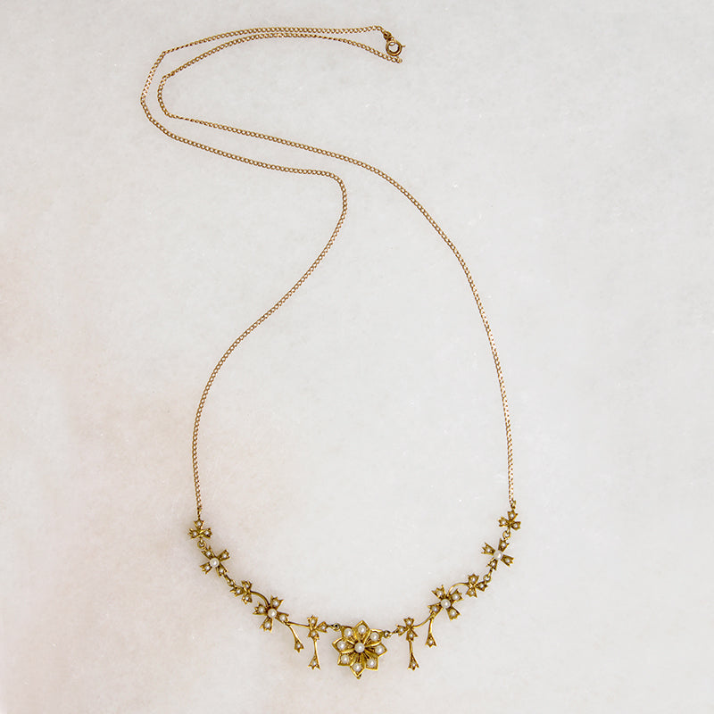Delicate Gold & Pearl Flower Swag Necklace