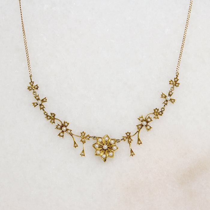 Delicate Gold & Pearl Flower Swag Necklace