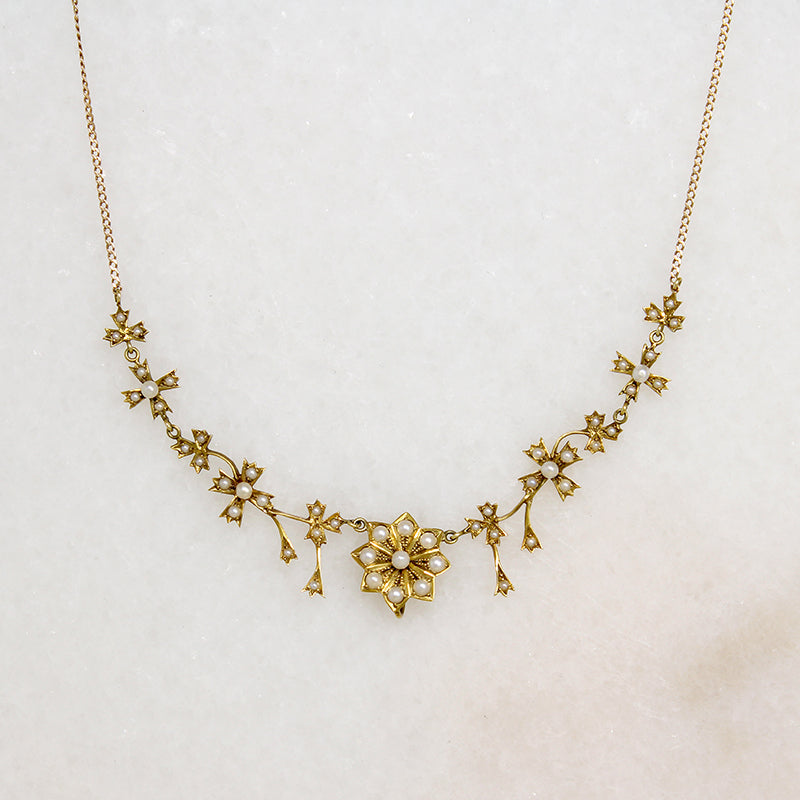 Delicate Gold & Pearl Flower Swag Necklace