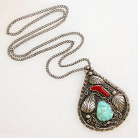 Navajo Turquoise & Coral Silver Pendant by E. Begay