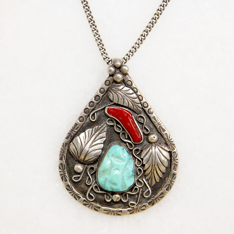 Navajo Turquoise & Coral Silver Pendant by E. Begay
