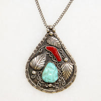Navajo Turquoise & Coral Silver Pendant by E. Begay