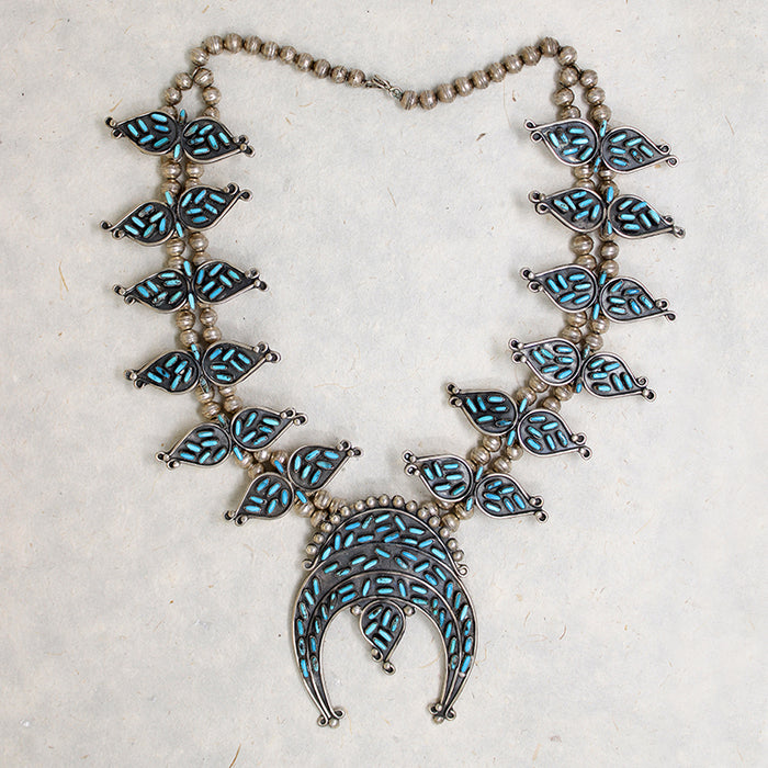 Turquoise Needlepoint Squash Blossom Necklace by W. Begay