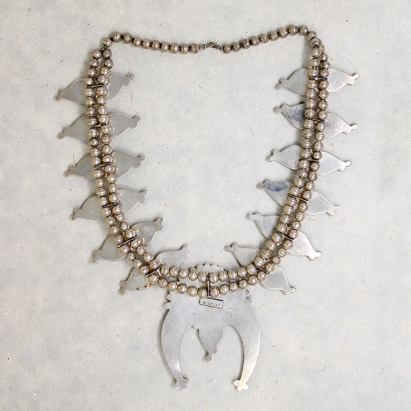 Turquoise Needlepoint Squash Blossom Necklace by W. Begay