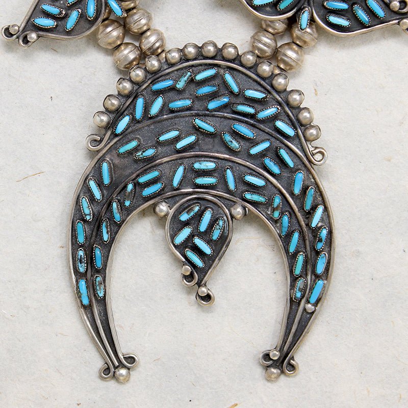 Turquoise Needlepoint Squash Blossom Necklace by W. Begay
