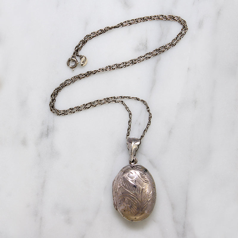 Engraved Leaves Puffy Oval Sterling Silver Locket