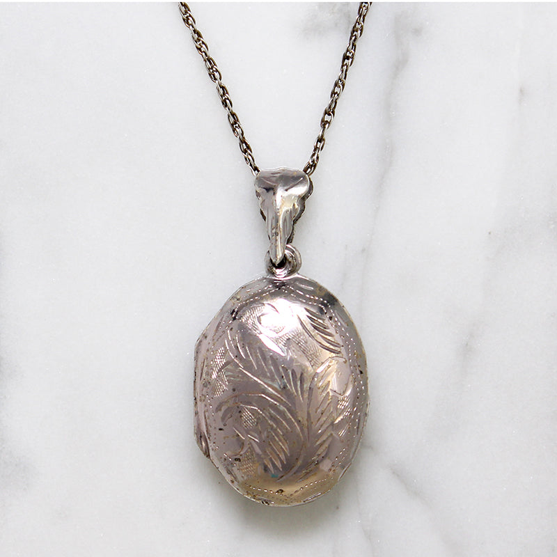 Engraved Leaves Puffy Oval Sterling Silver Locket