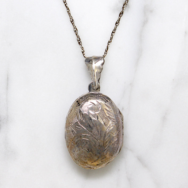 Engraved Leaves Puffy Oval Sterling Silver Locket