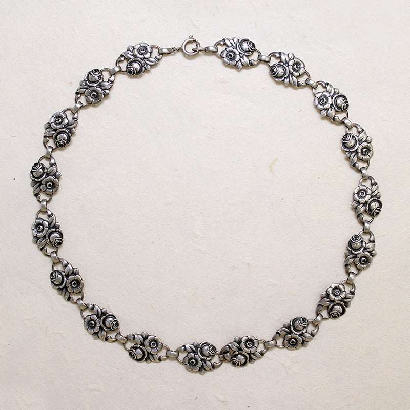 Pretty Pair of Roses Sterling Silver Panel Necklace