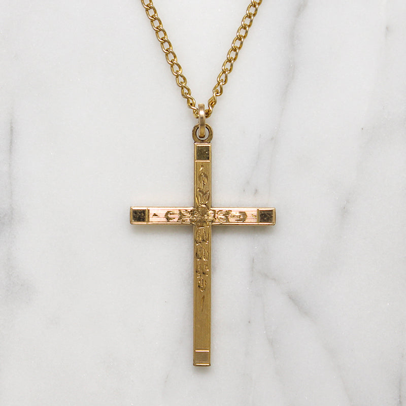 Art Deco Motif Engraved Gold Filled Cross