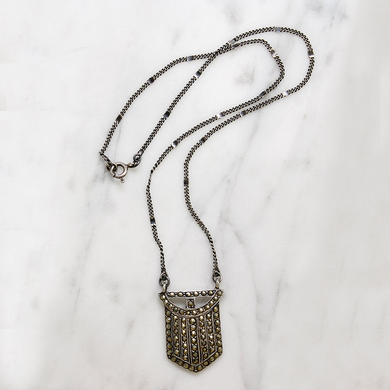 Handsome Deco Style Sterling & Marcasite Shield Necklace