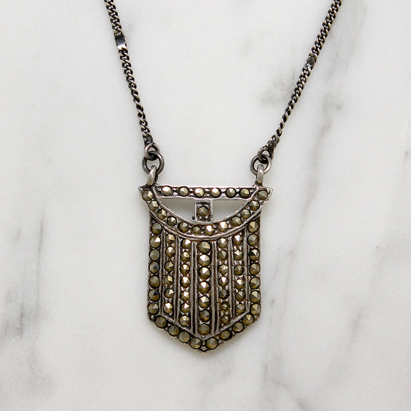 Handsome Deco Style Sterling & Marcasite Shield Necklace