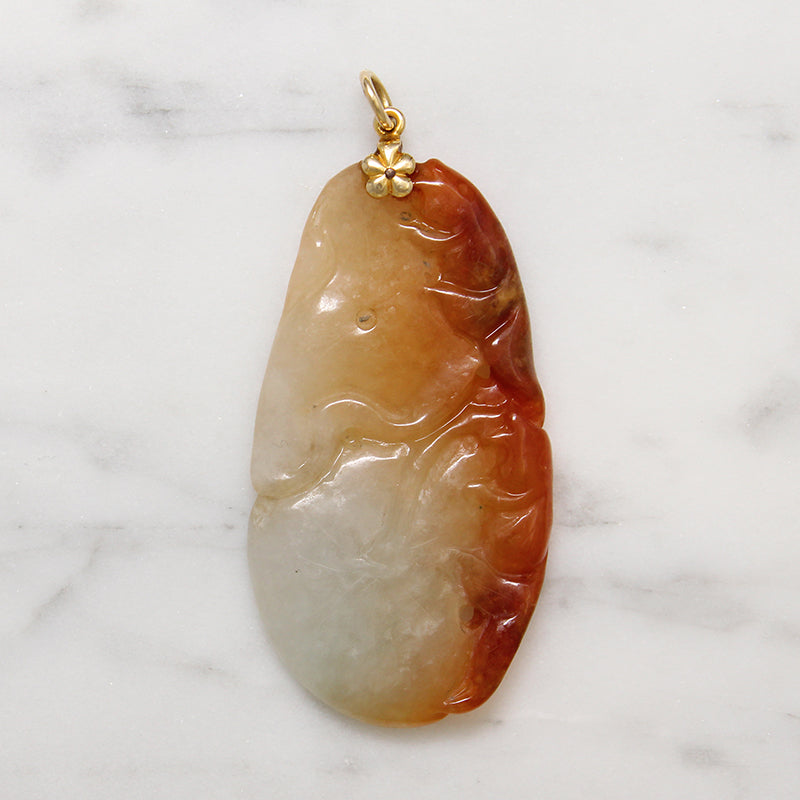 Antique Carved Jade Lily Pad & 14k Gold Pendant