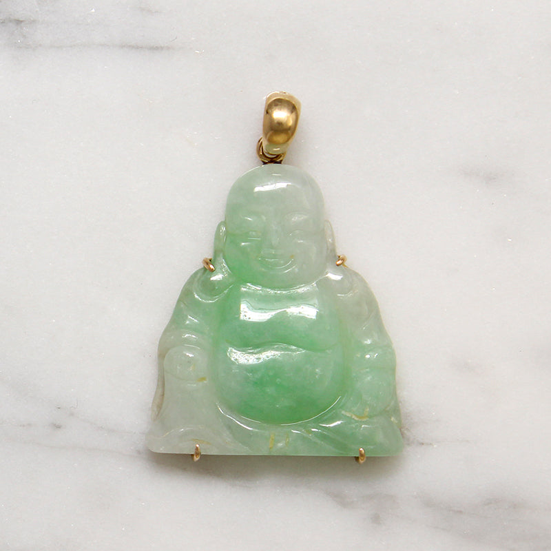 Serene Smiling Jade & 14k Gold Buddha Pendant