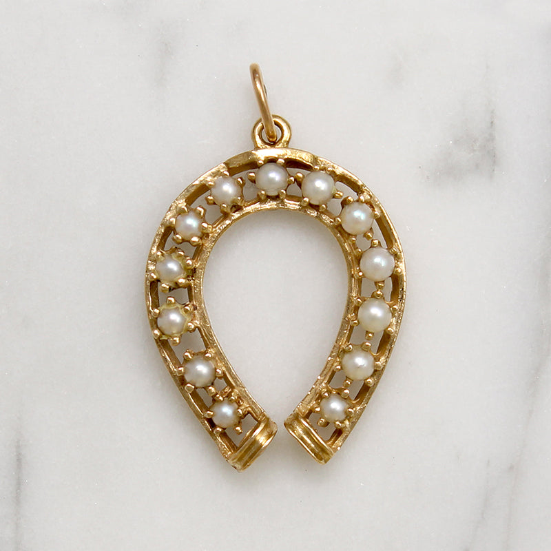 Mid Century Gold & Pearl Horseshoe Pendant