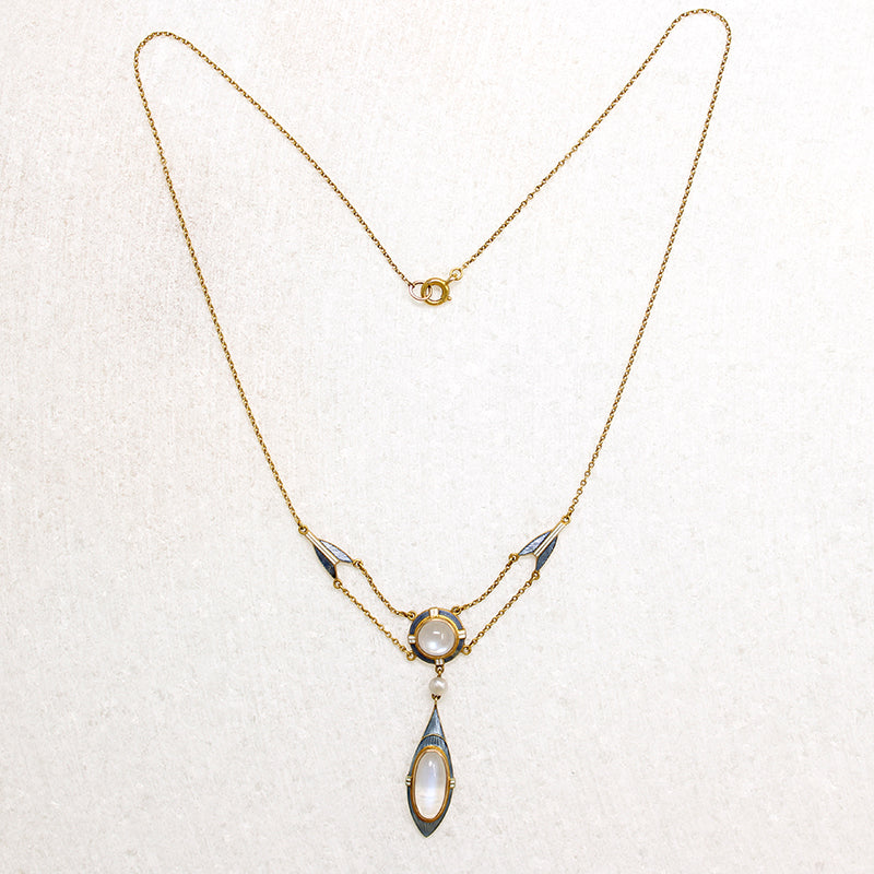 Alluring Moonstone & Enamelled Gold Arts & Crafts Necklace