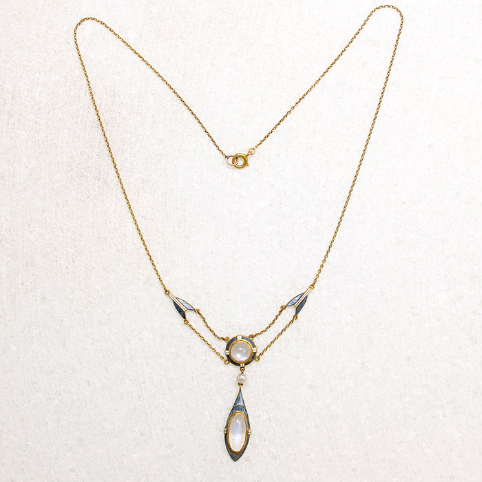 Alluring Moonstone & Enamelled Gold Arts & Crafts Necklace