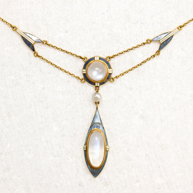 Alluring Moonstone & Enamelled Gold Arts & Crafts Necklace