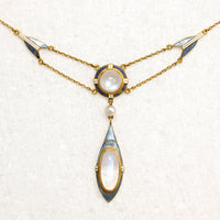 Alluring Moonstone & Enamelled Gold Arts & Crafts Necklace